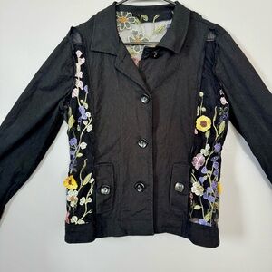 Upcycled Floral Embroidered Black Distressed Linen Blend Jacket